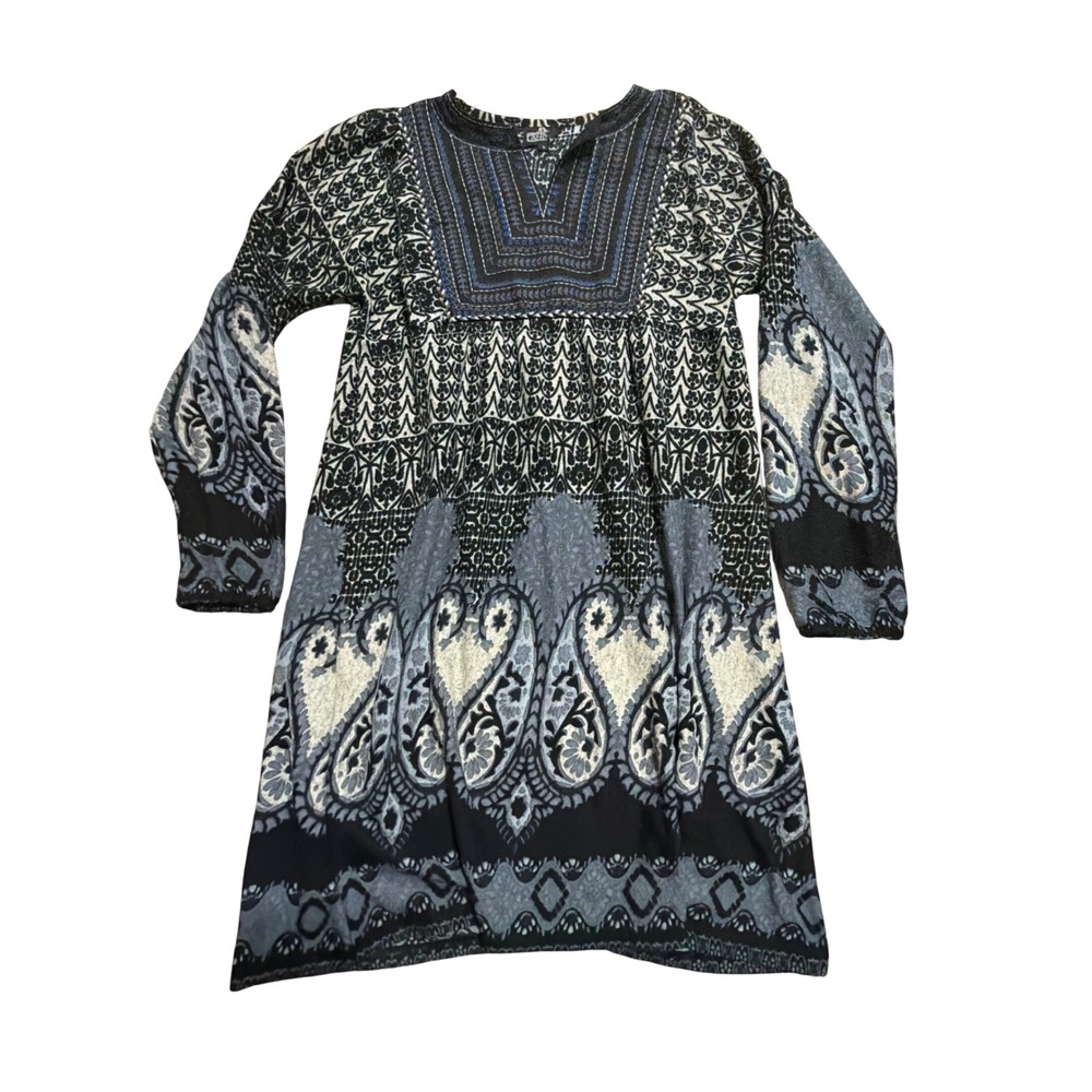 Angie‎ Long Sleeve Paisley Boho Mini Dress Black Blue White Split Neck Tunic S